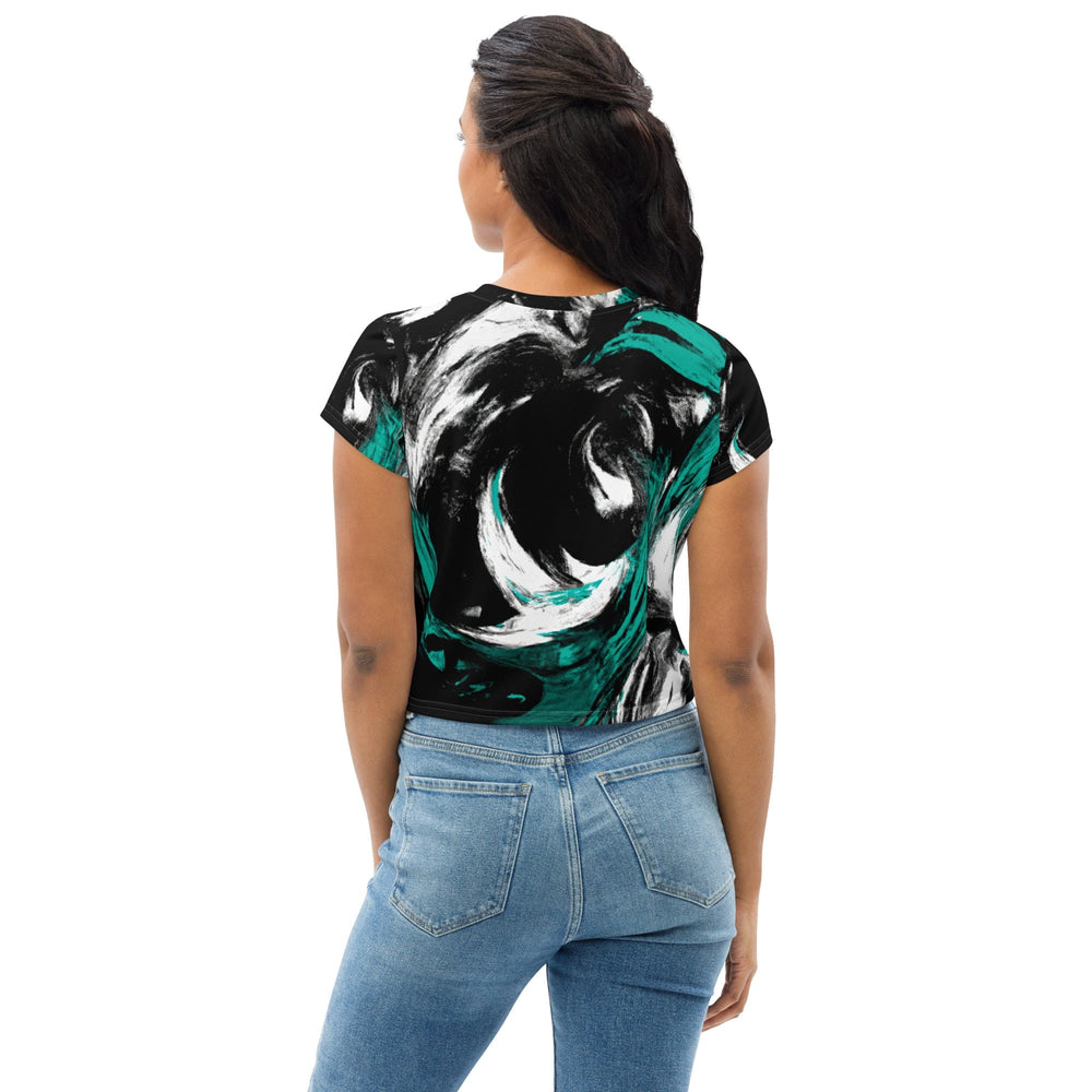 Womens Stretch Fit Crop Tee T-shirt - Black Green White Abstract Pattern