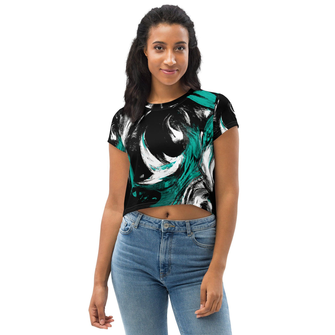Womens Stretch Fit Crop Tee T-shirt - Black Green White Abstract Pattern