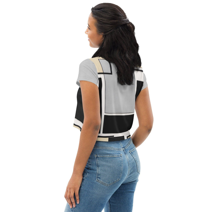 Womens Stretch Fit Crop Tee T-shirt - Black Grey Abstract Pattern