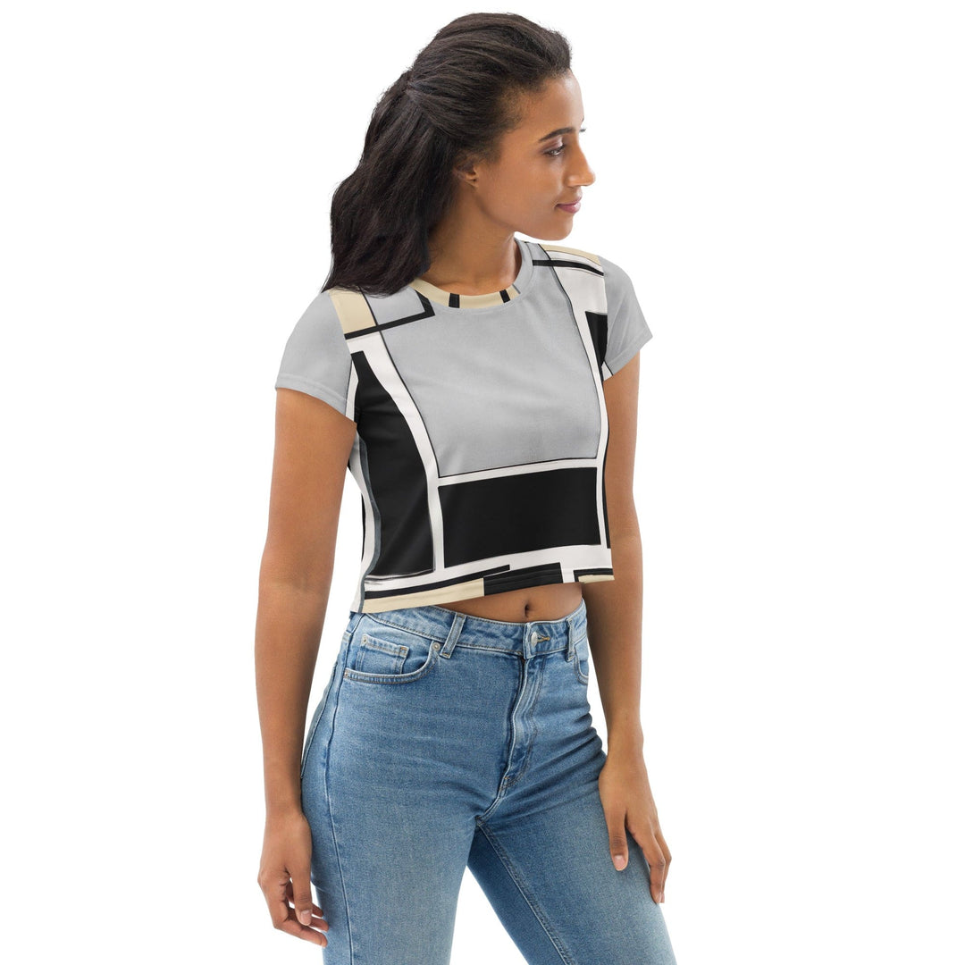 Womens Stretch Fit Crop Tee T-shirt - Black Grey Abstract Pattern