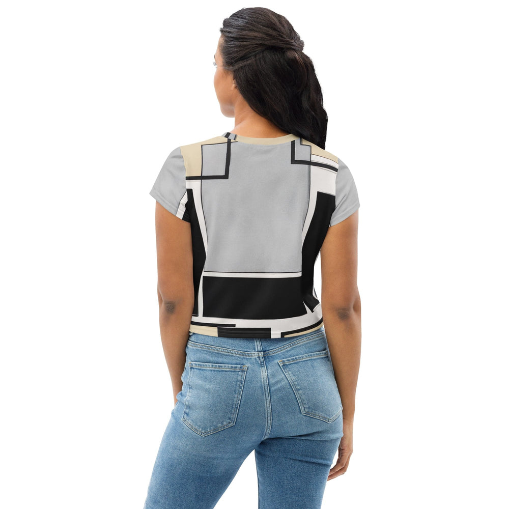 Womens Stretch Fit Crop Tee T-shirt - Black Grey Abstract Pattern