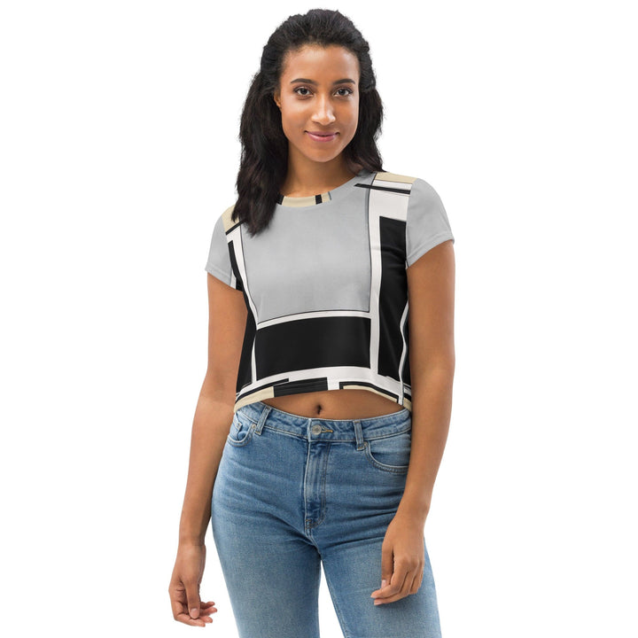 Womens Stretch Fit Crop Tee T-shirt - Black Grey Abstract Pattern