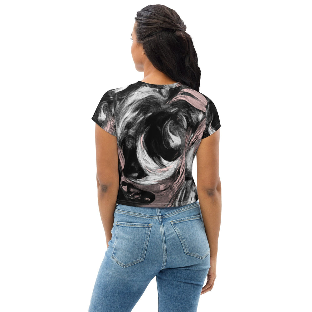 Womens Stretch Fit Crop Tee T-shirt - Black Pink White Abstract Pattern
