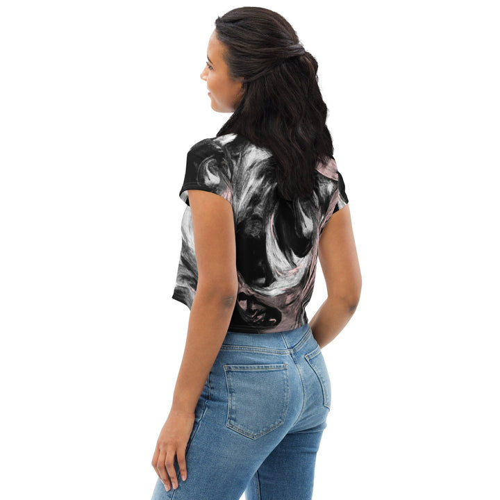 Womens Stretch Fit Crop Tee T-shirt - Black Pink White Abstract Pattern