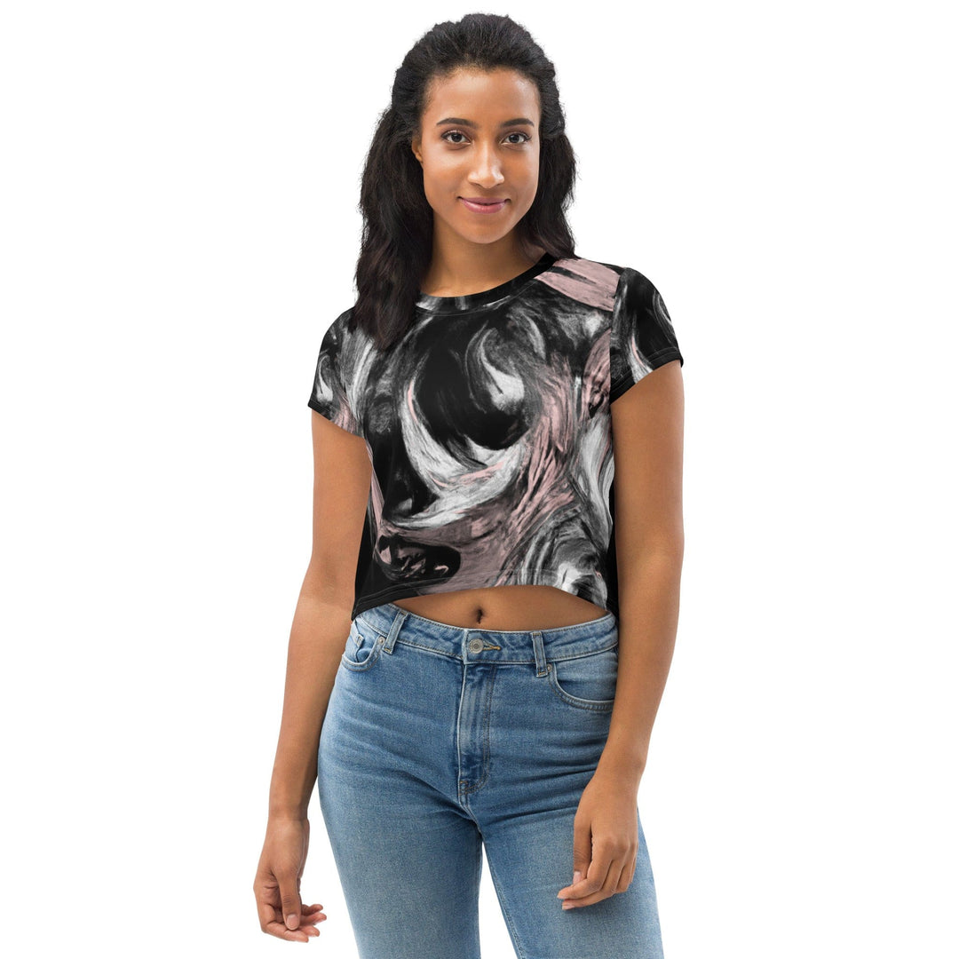 Womens Stretch Fit Crop Tee T-shirt - Black Pink White Abstract Pattern