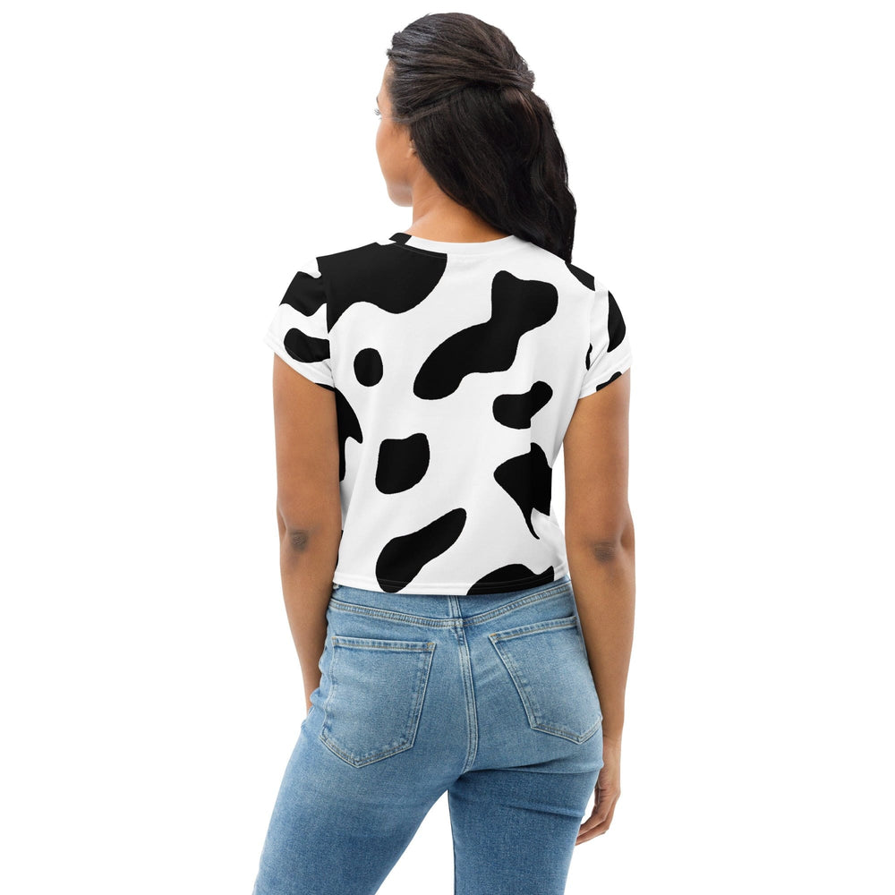 Womens Stretch Fit Crop Tee T-shirt - Black White Cow Print