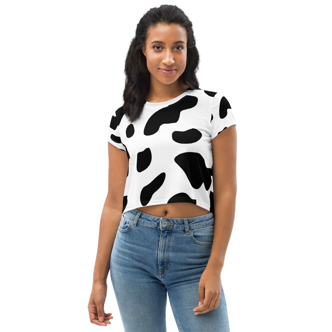 Womens Stretch Fit Crop Tee T-shirt - Black White Cow Print