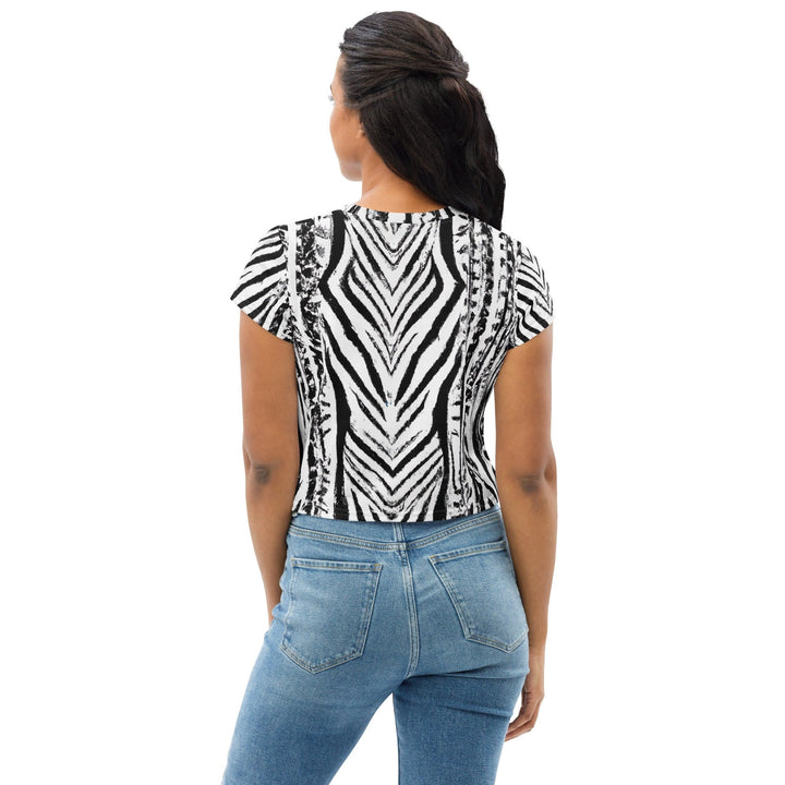 Womens Stretch Fit Crop Tee T-shirt - Black White Native Print