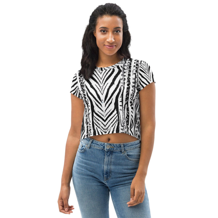 Womens Stretch Fit Crop Tee T-shirt - Black White Native Print