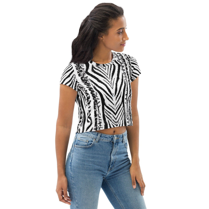 Womens Stretch Fit Crop Tee T-shirt - Black White Native Print