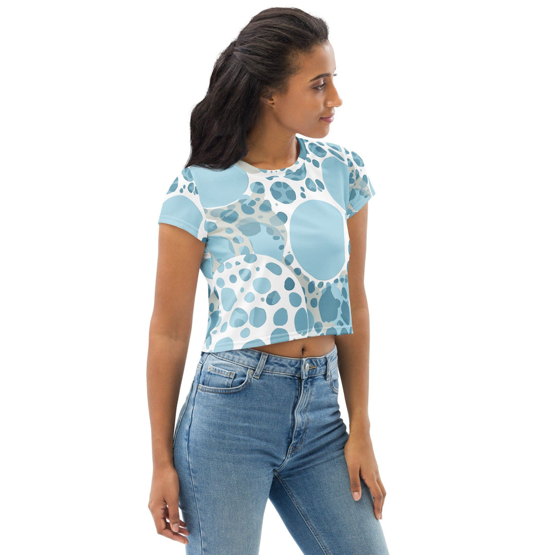 Womens Stretch Fit Crop Tee T-shirt - Blue and White Circular Spotted