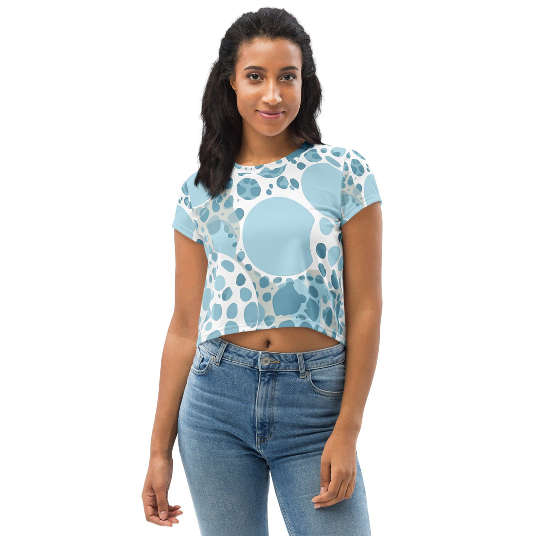 Womens Stretch Fit Crop Tee T-shirt - Blue and White Circular Spotted