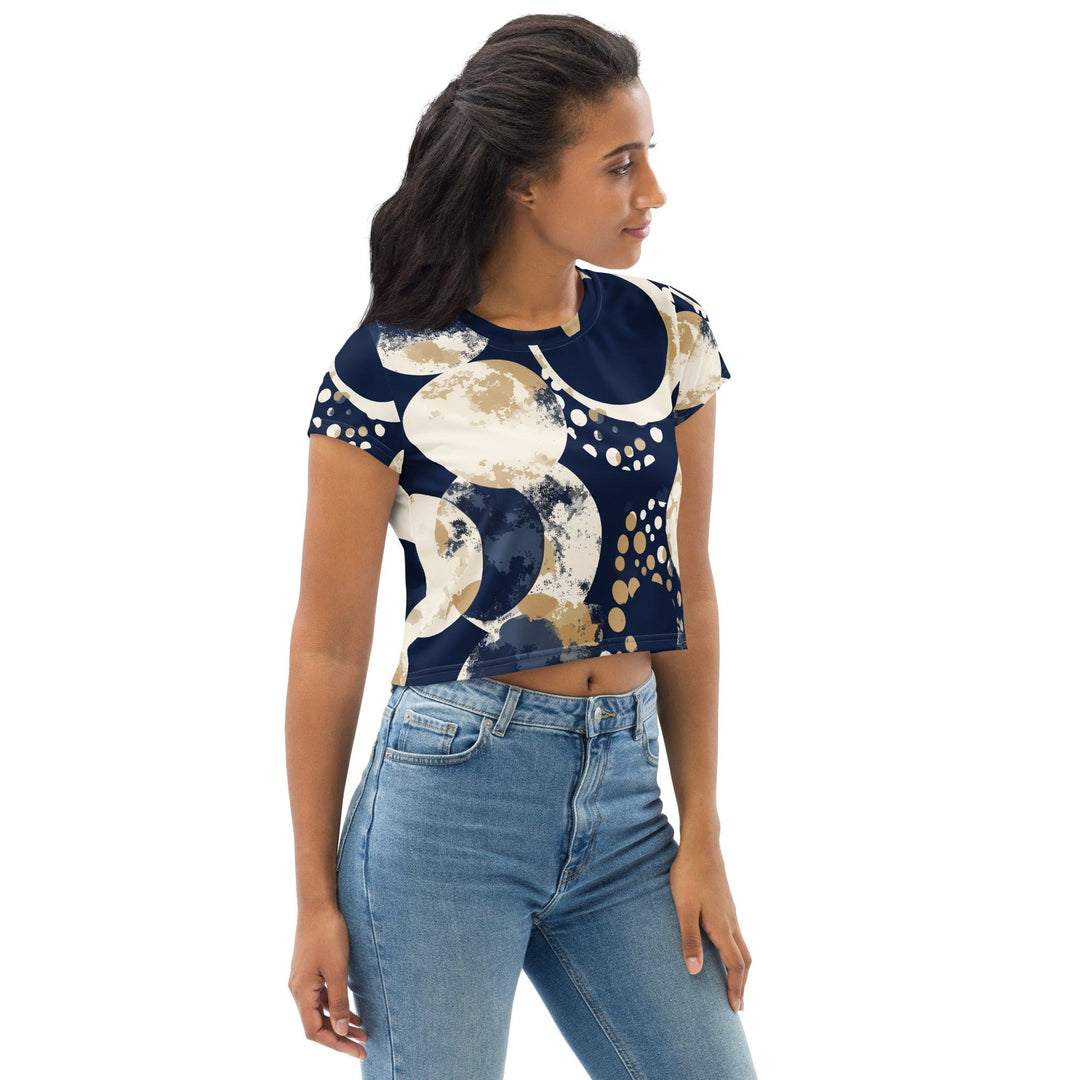 Womens Stretch Fit Crop Tee T-shirt - Blue Beige Spotted Print