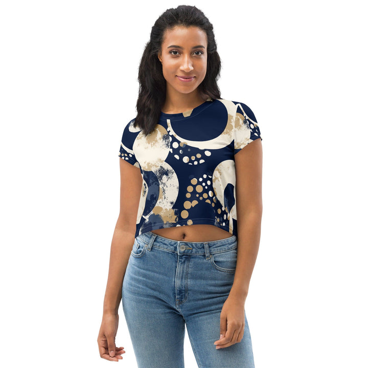 Womens Stretch Fit Crop Tee T-shirt - Blue Beige Spotted Print