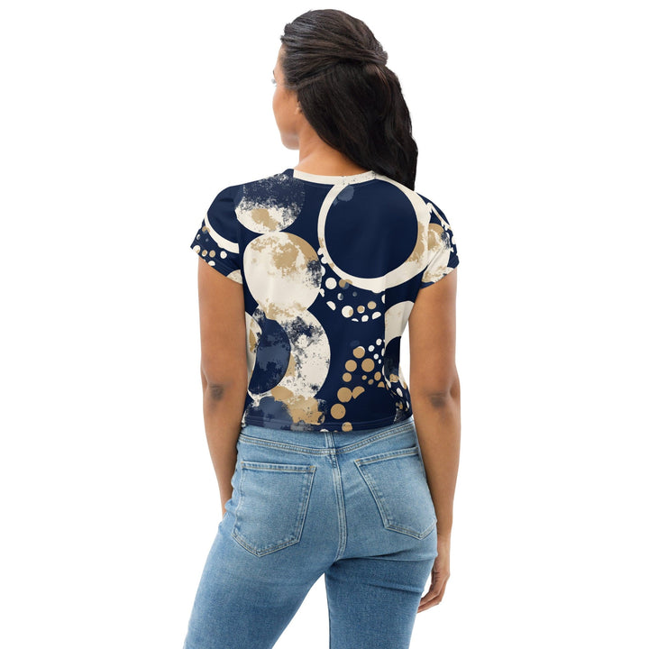 Womens Stretch Fit Crop Tee T-shirt - Blue Beige Spotted Print