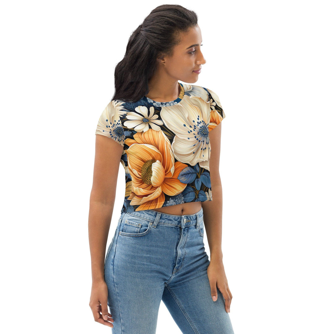 Womens Stretch Fit Crop Tee T-shirt - Floral Blue Print