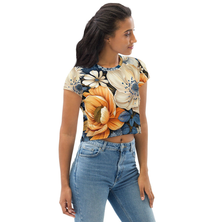 Womens Stretch Fit Crop Tee T-shirt - Floral Blue Print