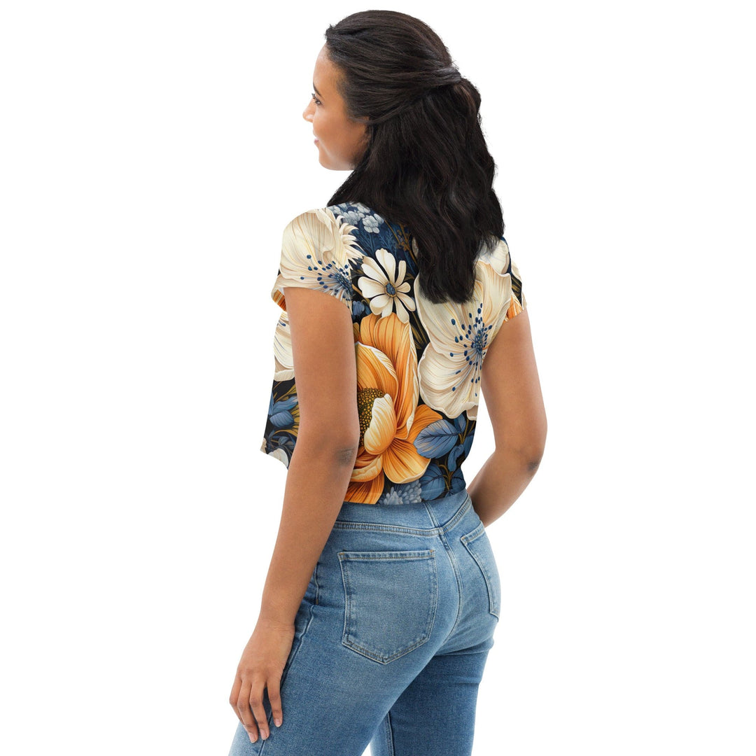 Womens Stretch Fit Crop Tee T-shirt - Floral Blue Print