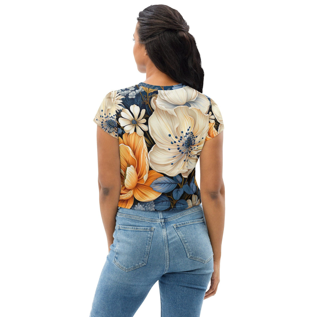 Womens Stretch Fit Crop Tee T-shirt - Floral Blue Print