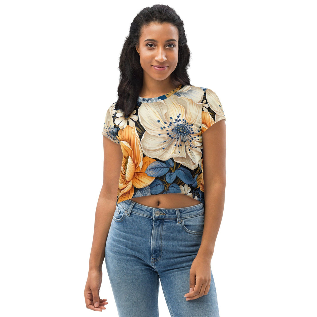 Womens Stretch Fit Crop Tee T-shirt - Floral Blue Print