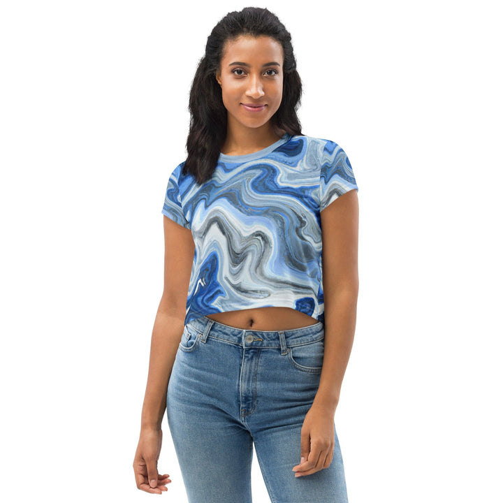 Womens Stretch Fit Crop Tee T-shirt - Blue Grey Marble Print