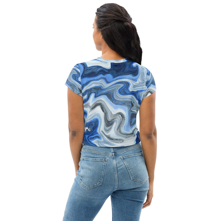 Womens Stretch Fit Crop Tee T-shirt - Blue Grey Marble Print