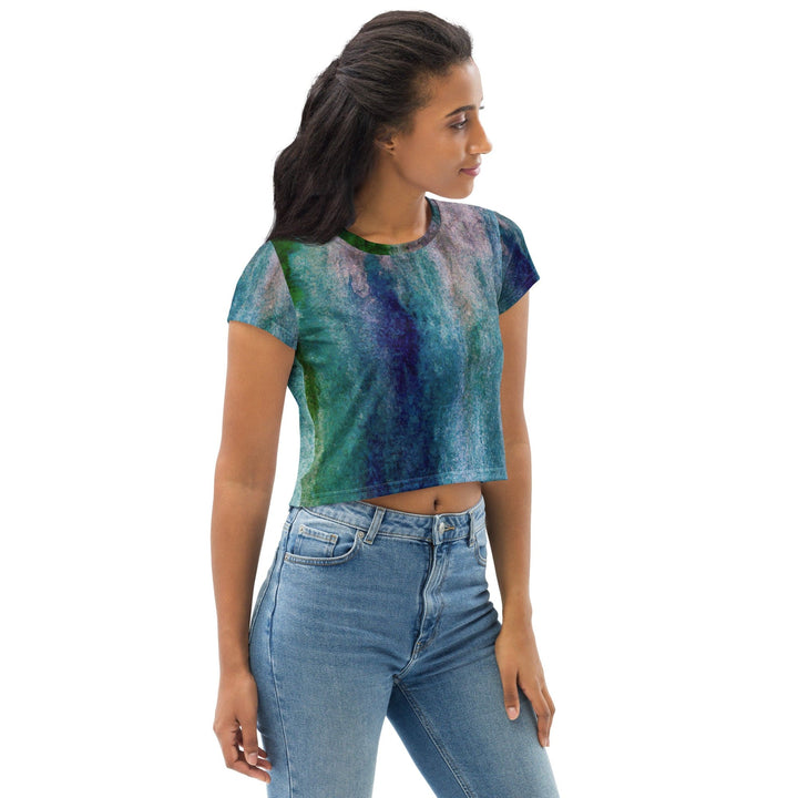Womens Stretch Fit Crop Tee T-shirt - Blue Hue Watercolor Abstract Print
