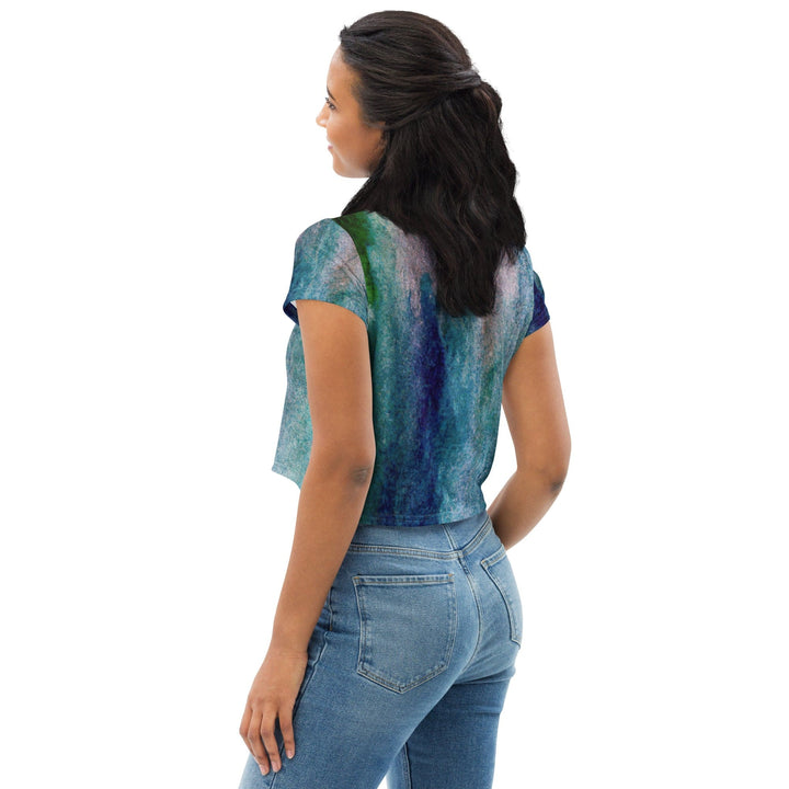 Womens Stretch Fit Crop Tee T-shirt - Blue Hue Watercolor Abstract Print