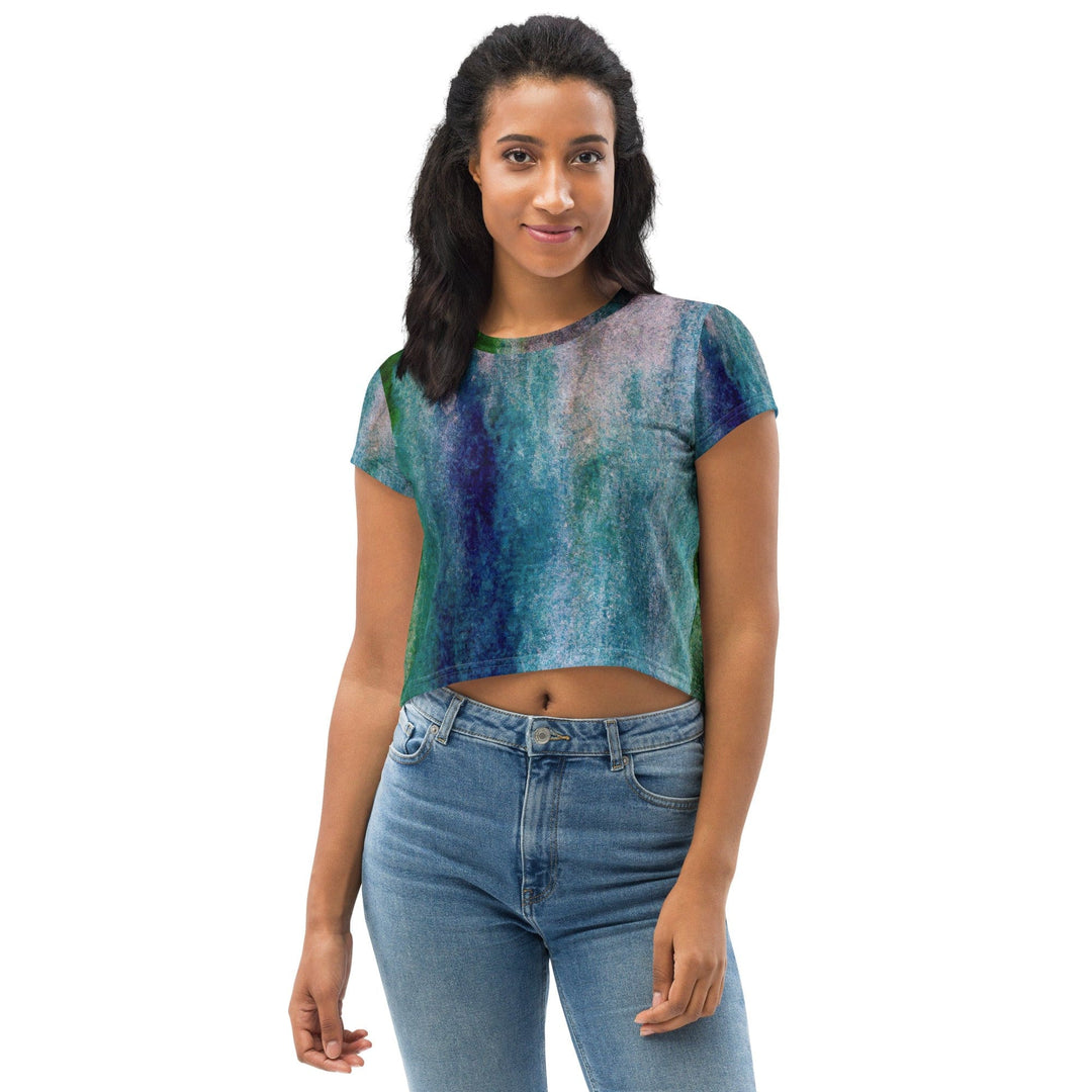 Womens Stretch Fit Crop Tee T-shirt - Blue Hue Watercolor Abstract Print