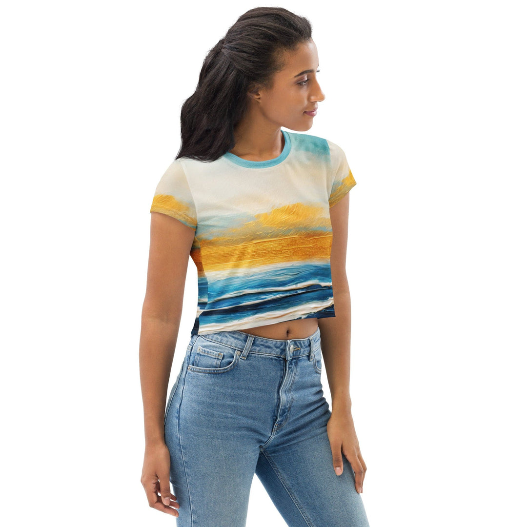 Womens Stretch Fit Crop Tee T-shirt - Blue Ocean Golden Sunset Print