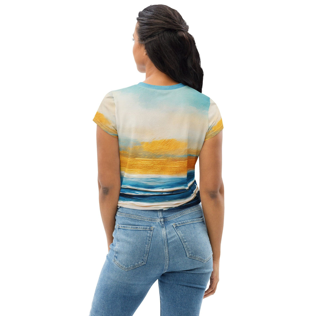Womens Stretch Fit Crop Tee T-shirt - Blue Ocean Golden Sunset Print