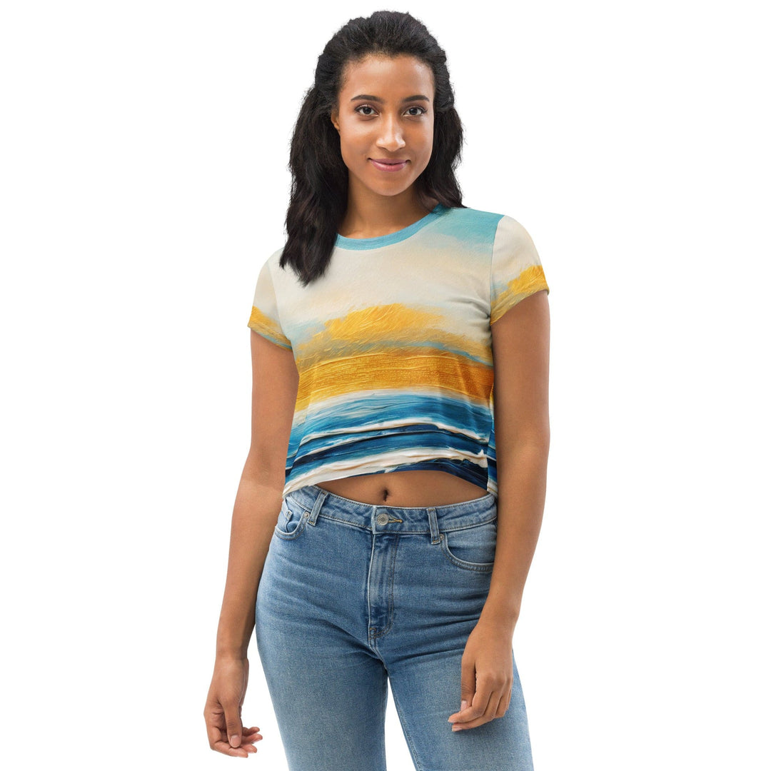 Womens Stretch Fit Crop Tee T-shirt - Blue Ocean Golden Sunset Print