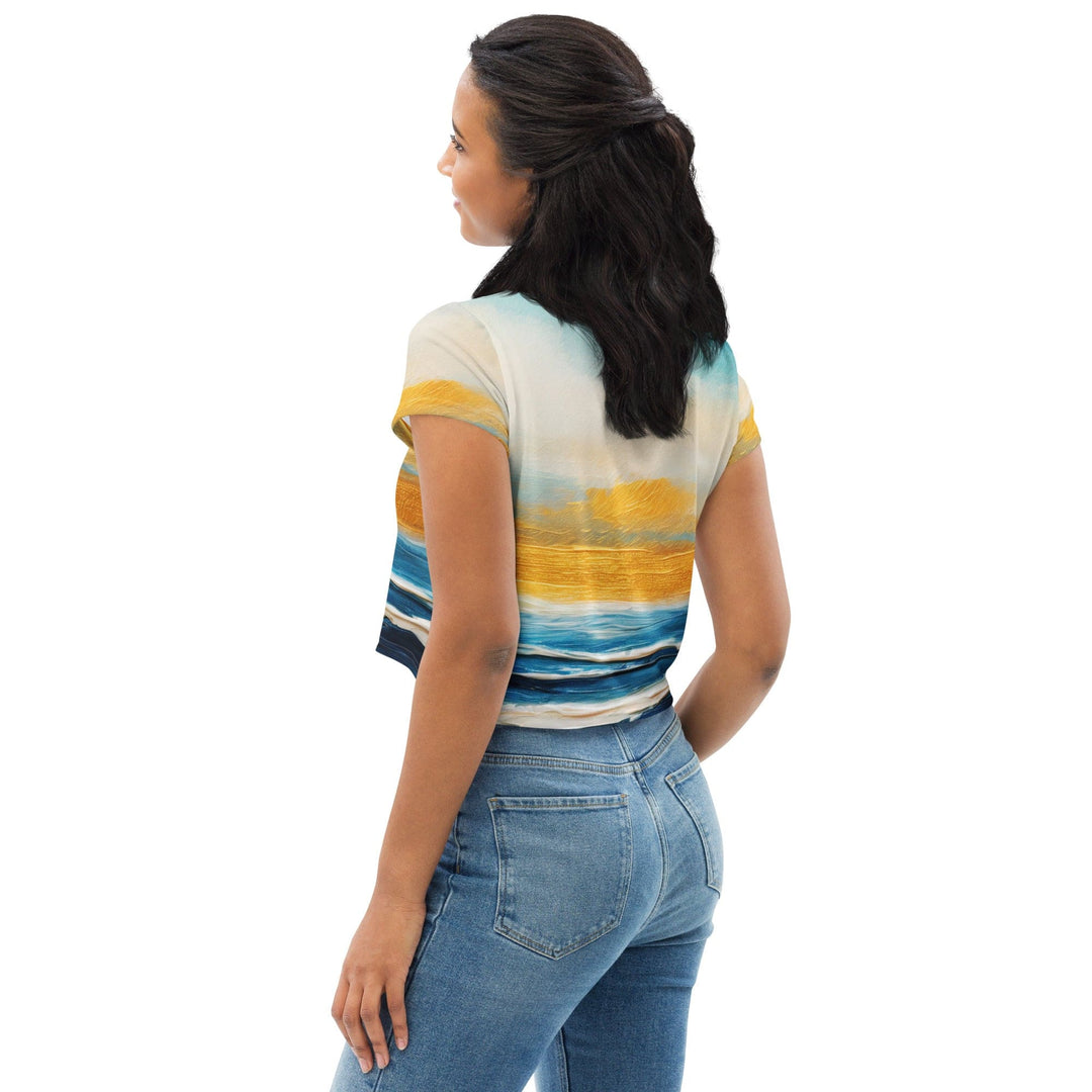Womens Stretch Fit Crop Tee T-shirt - Blue Ocean Golden Sunset Print