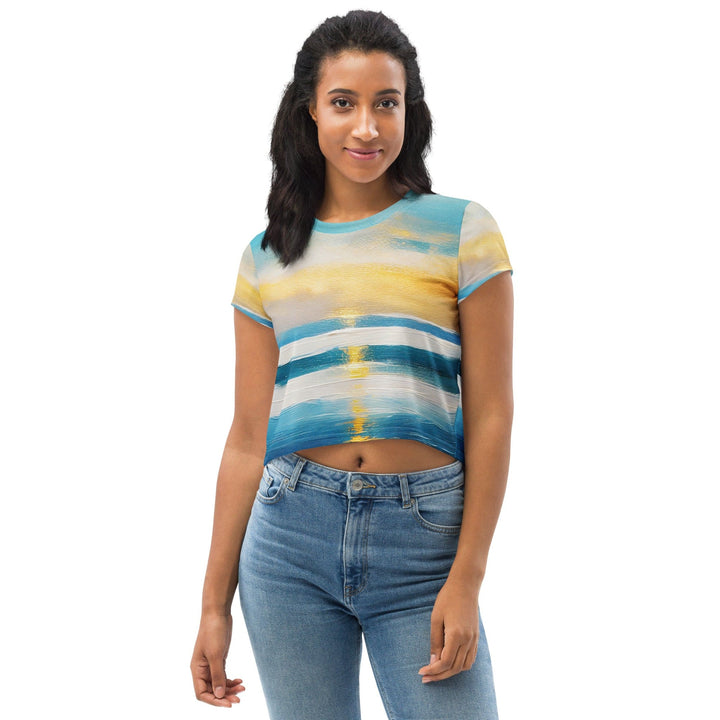 Womens Stretch Fit Crop Tee T-shirt - Blue Ocean Golden Sunset Print 3