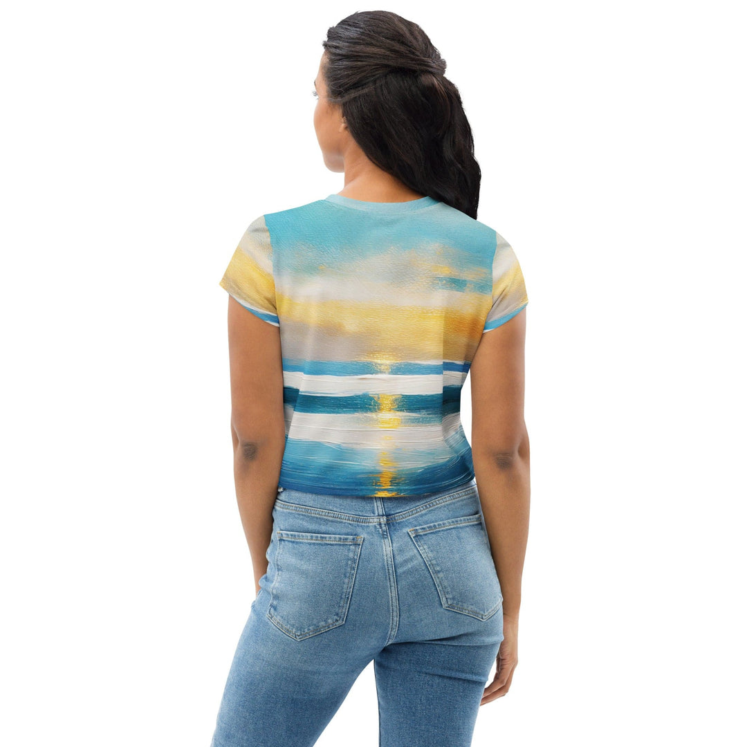 Womens Stretch Fit Crop Tee T-shirt - Blue Ocean Golden Sunset Print 3