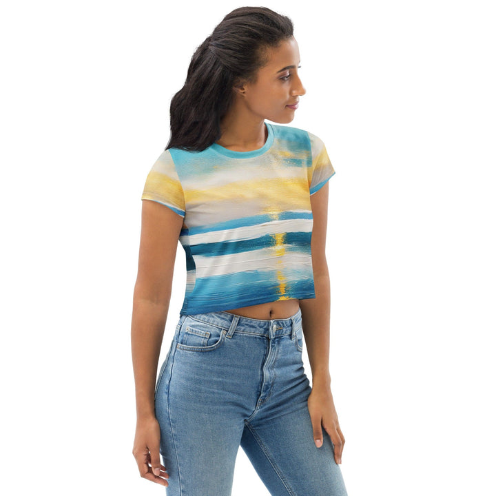 Womens Stretch Fit Crop Tee T-shirt - Blue Ocean Golden Sunset Print 3
