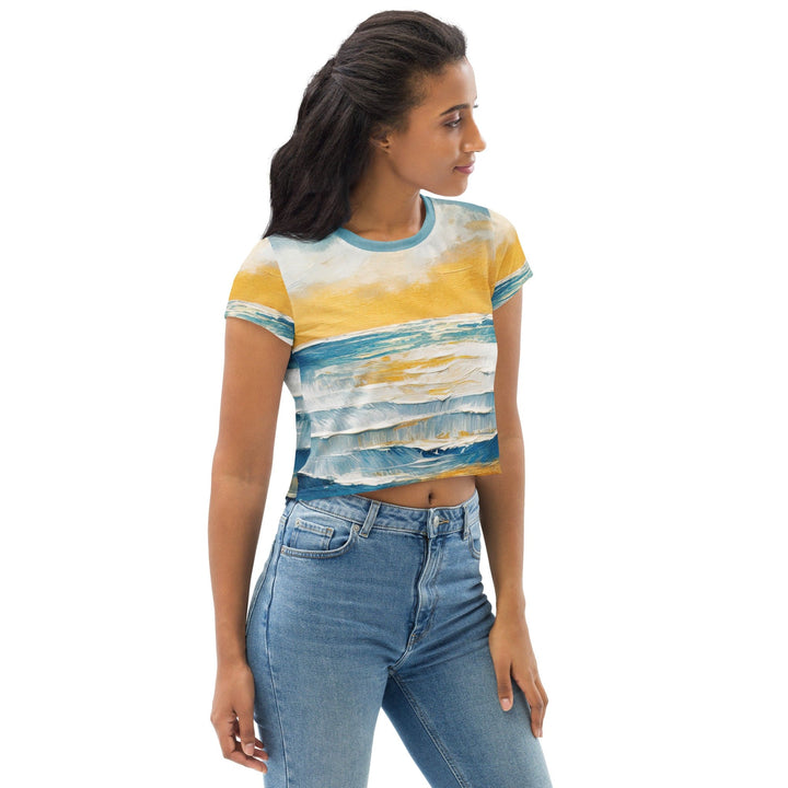 Womens Stretch Fit Crop Tee T-shirt - Blue Ocean Golden Sunset Print