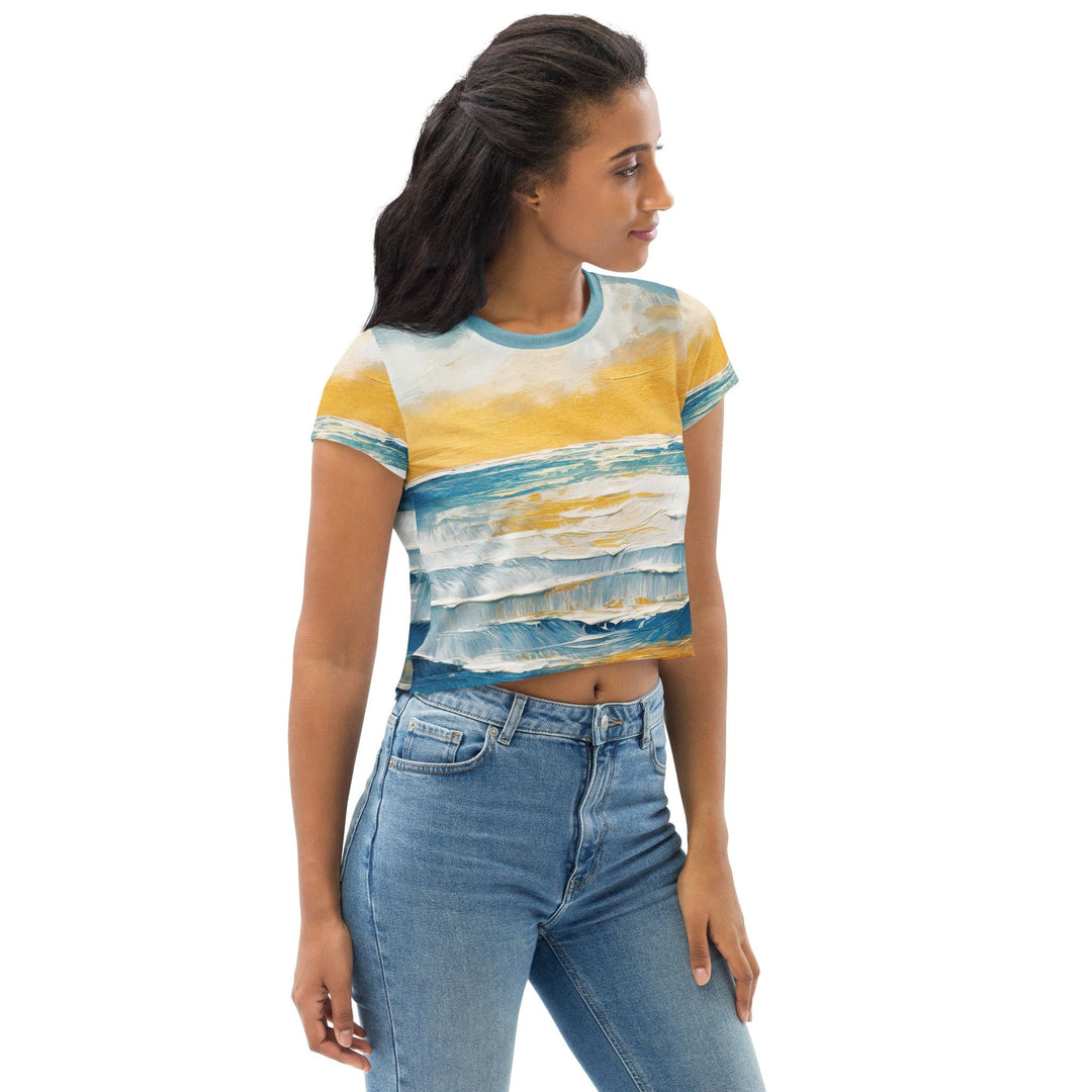 Womens Stretch Fit Crop Tee T-shirt - Blue Ocean Golden Sunset Print