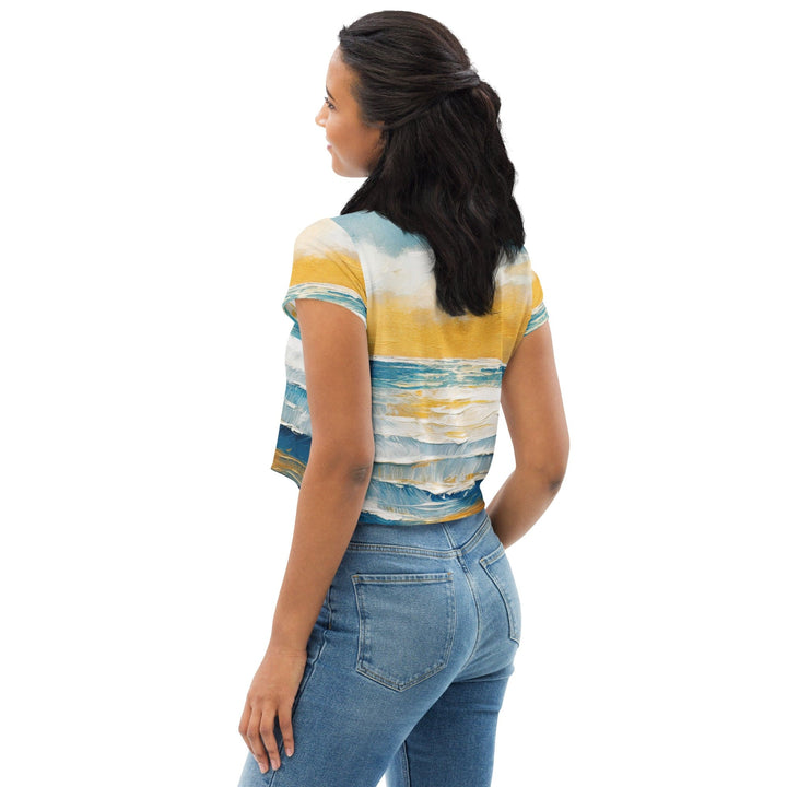 Womens Stretch Fit Crop Tee T-shirt - Blue Ocean Golden Sunset Print