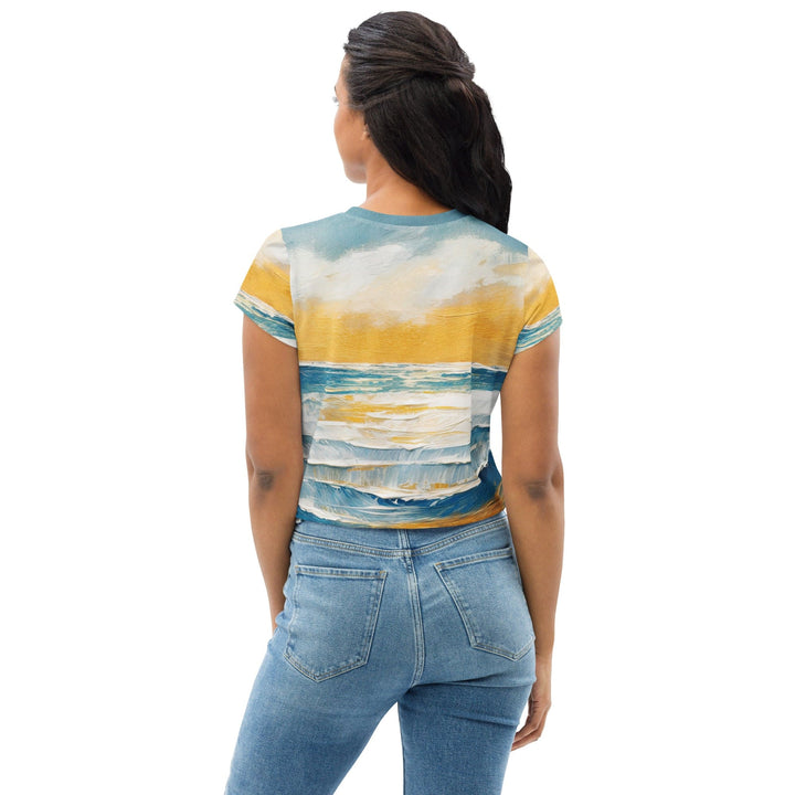 Womens Stretch Fit Crop Tee T-shirt - Blue Ocean Golden Sunset Print