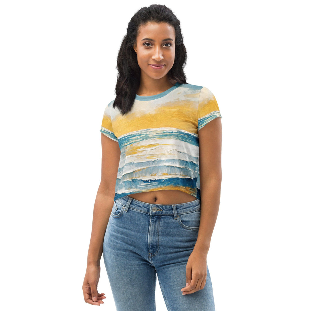 Womens Stretch Fit Crop Tee T-shirt - Blue Ocean Golden Sunset Print