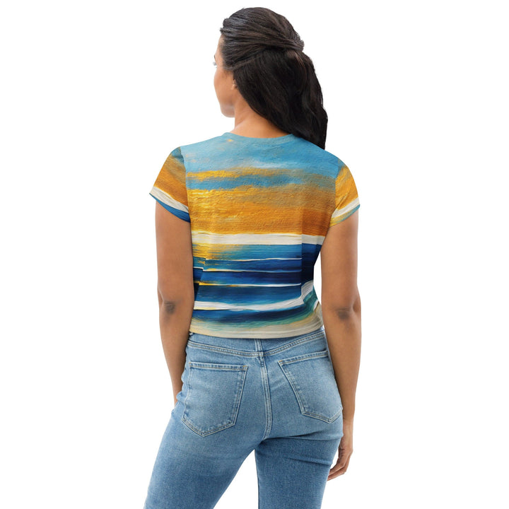Womens Stretch Fit Crop Tee T-shirt - Blue Ocean Golden Sunset Print