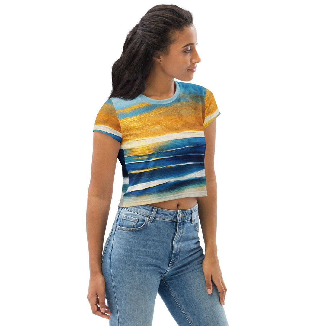 Womens Stretch Fit Crop Tee T-shirt - Blue Ocean Golden Sunset Print