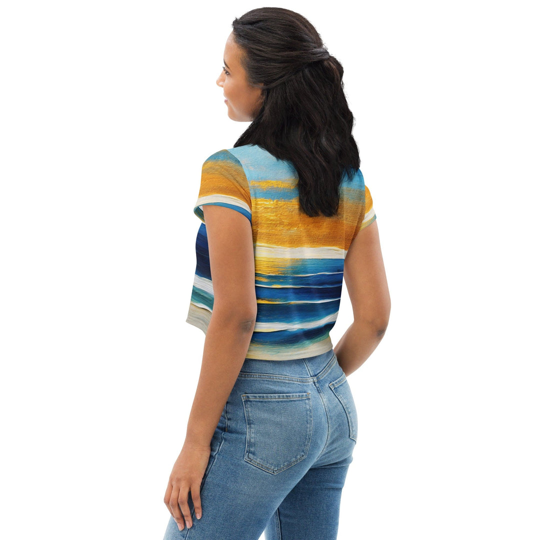 Womens Stretch Fit Crop Tee T-shirt - Blue Ocean Golden Sunset Print