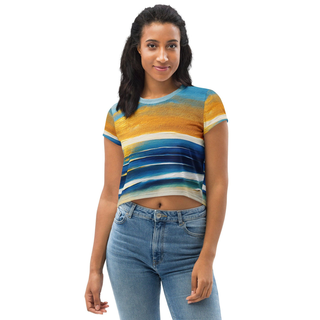 Womens Stretch Fit Crop Tee T-shirt - Blue Ocean Golden Sunset Print