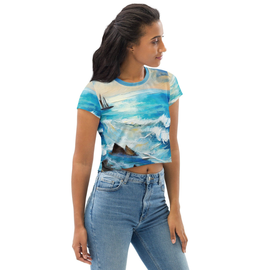 Womens Stretch Fit Crop Tee T-shirt - Blue Ocean Print