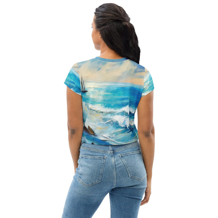 Womens Stretch Fit Crop Tee T-shirt - Blue Ocean Print