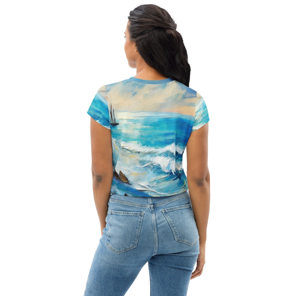 Womens Stretch Fit Crop Tee T-shirt - Blue Ocean Print