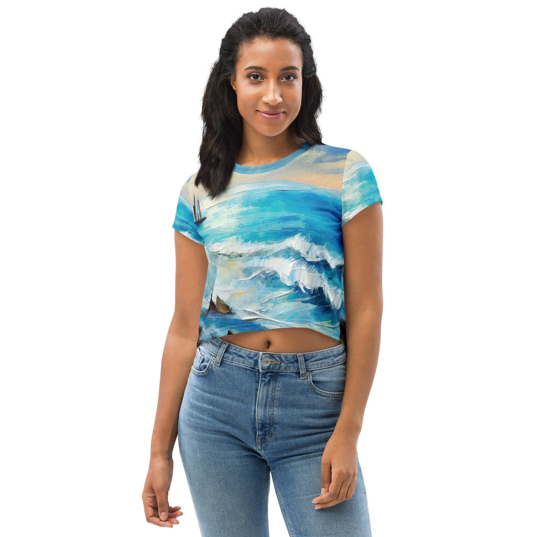 Womens Stretch Fit Crop Tee T-shirt - Blue Ocean Print