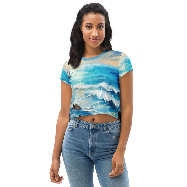Womens Stretch Fit Crop Tee T-shirt - Blue Ocean Print